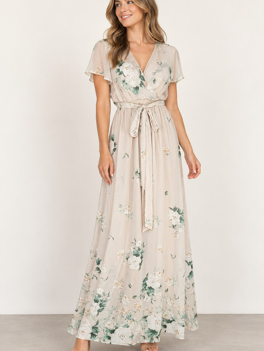 Show Me Your Mumu Floral Wrap Maxi Dress M Beige Green Flutter Sleeve Boho